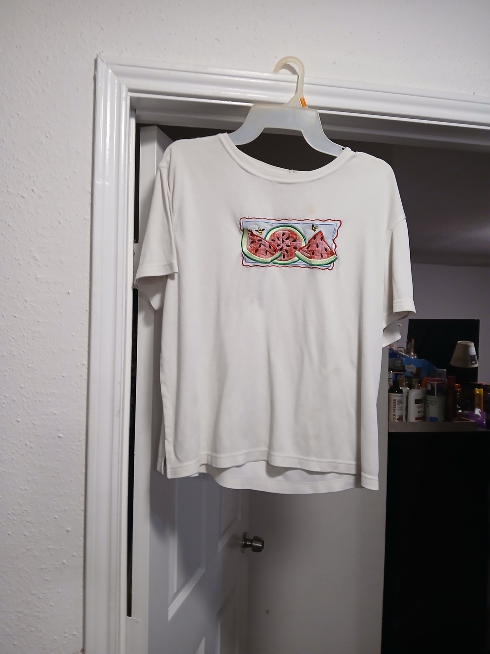 Laura Gayle Vintage White Short Sleeve Tee with Colorful Watermelon Patch